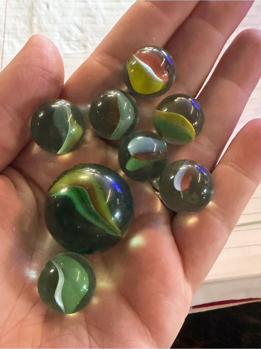93 Set of Vintage Swirl Glass Marbles - Green & Yellow
